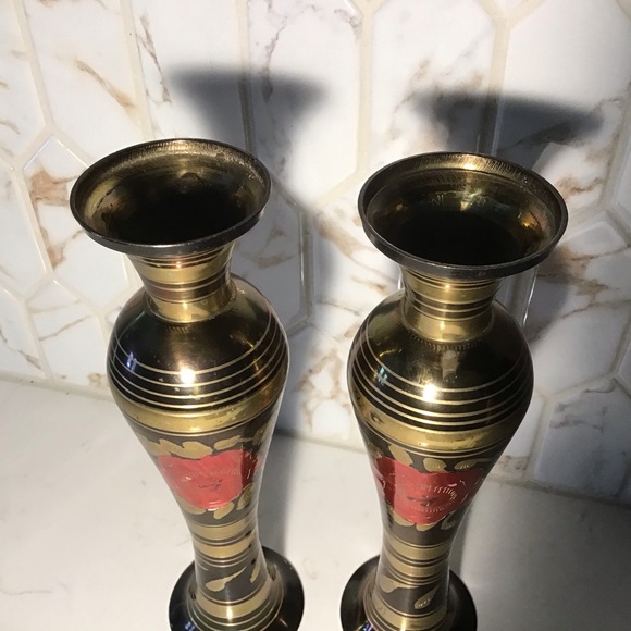 Vintage Made in India Brass Combo Vase / Reversible Candlestick – 10" Floral - Picture 6 of 8